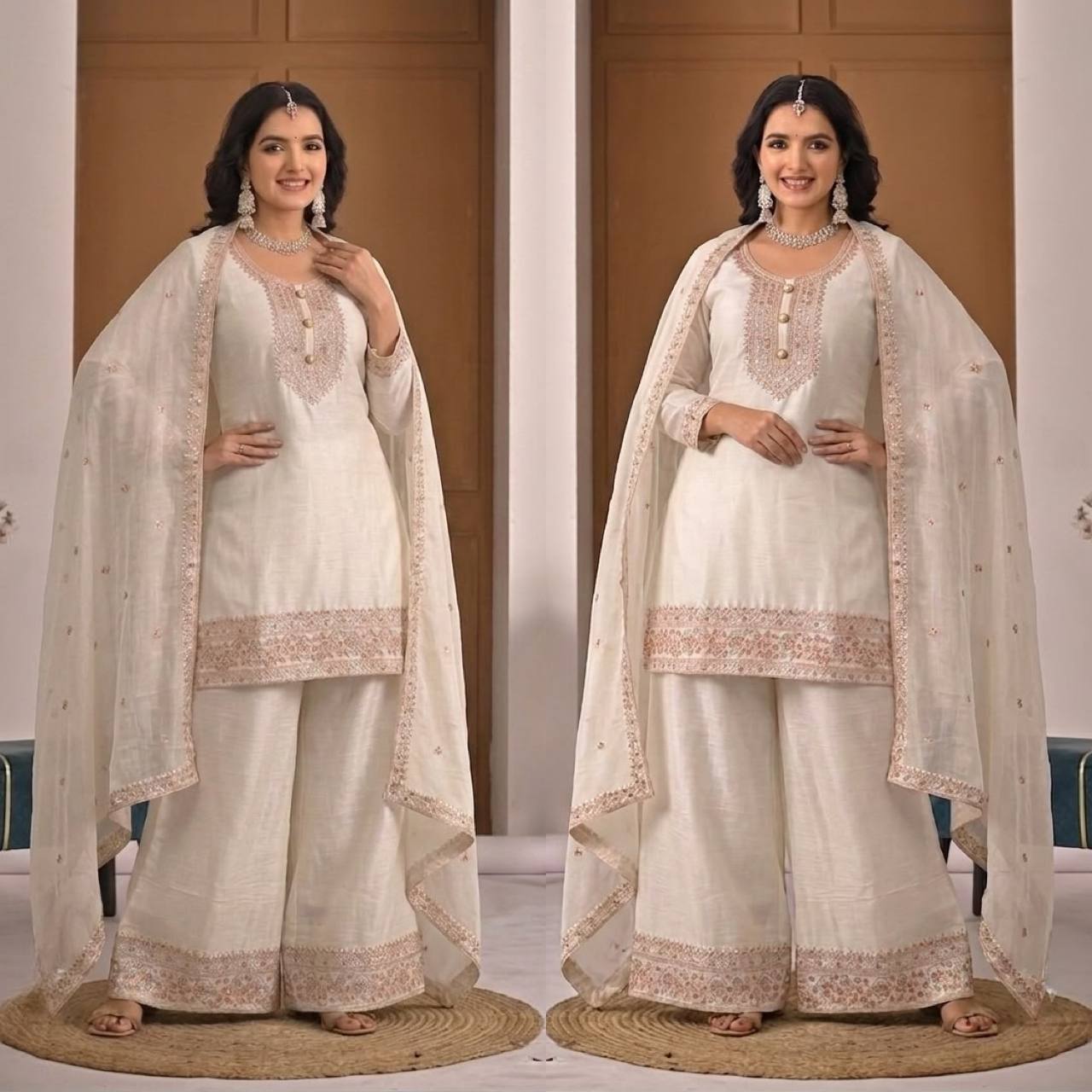 Pristine Ivory White Kurta and Palazzo Set Featuring Delicate Floral Embroidery, Sequined Borders, and a Matching Sheer Dupatta